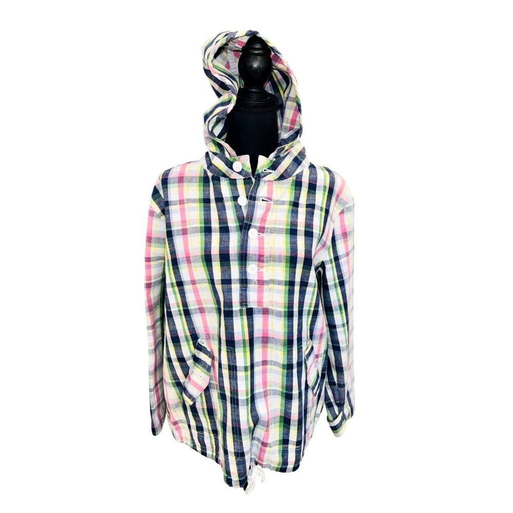 Merona Cotton Womens L Plaid Hood Lightweight Jacket Drawstring Pink Blue Preppy